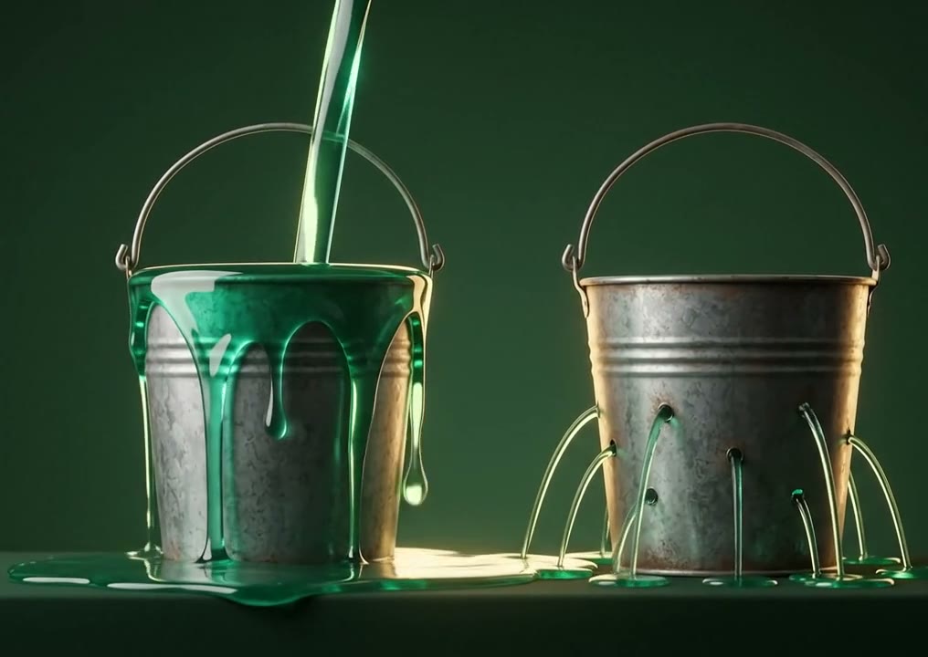 Two buckets: one overflowing because it can't hold what's pouring in, the other leaking emerald water out through holes in its sides