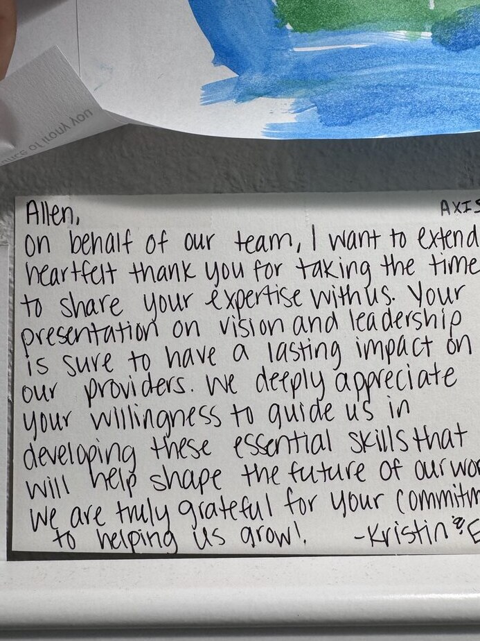 Handwritten thank-you note from Kristin Hanson and Eric Plunkett, Axis Therapy