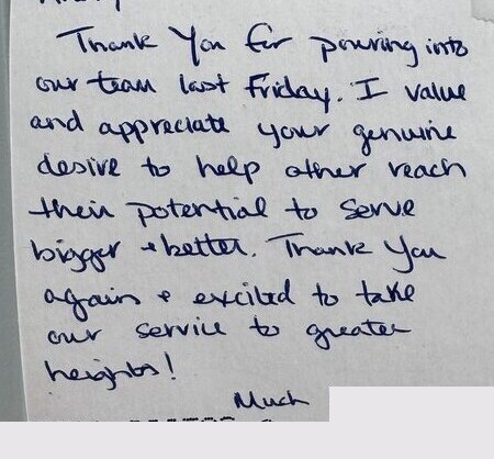 Handwritten thank-you note from Shane Hoffman, Thrive Family Chiropractic