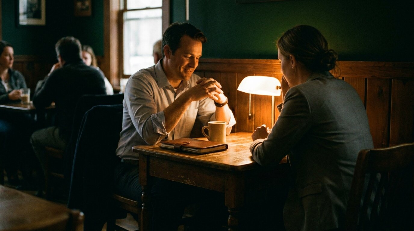 Two people in an honest conversation across a table