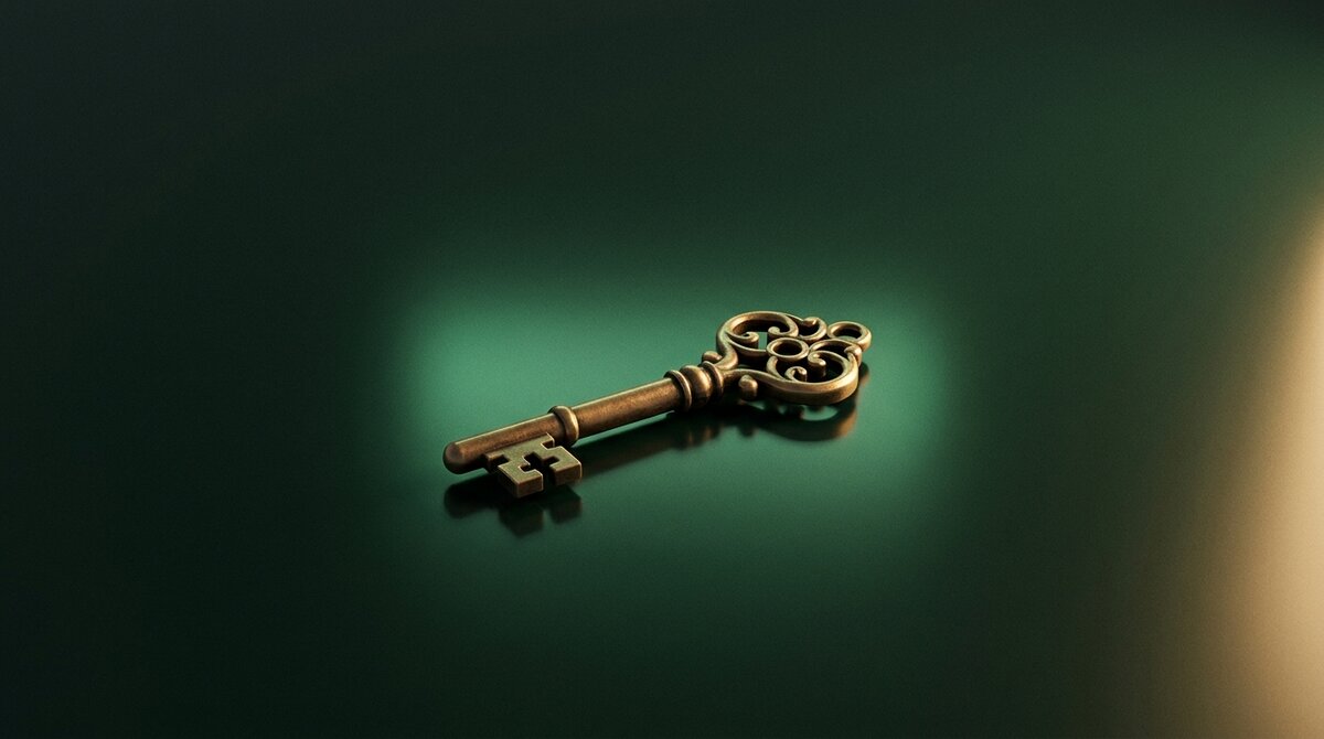 An ornate antique brass key resting in a warm emerald light