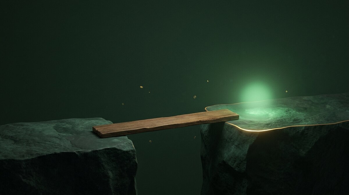 A wooden plank bridging the gap between two stone ledges toward a warm emerald glow